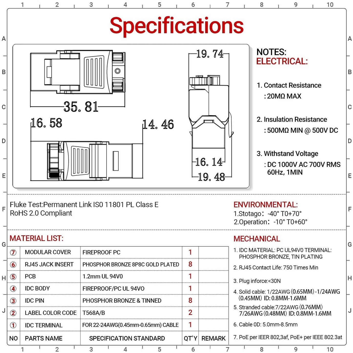 AMPCOM CAT6 RJ45 Keystone Jack - Reusable UTP Ethernet Wall Jack with Adjustable Ratchet Lock Design, No Tool and Zip Tie Required - 50u Gold Plated - Orange (6-Pack)