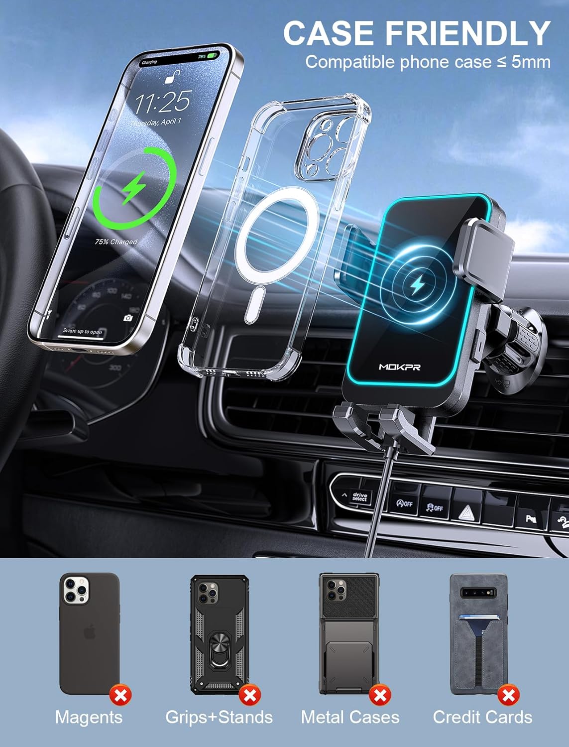 Wireless Car Charger, MOKPR 15W Fast Charging Auto Clamping Air Vent Car Phone Holder with LED Light Car Charger for iPhone 16 15/14/13/12 Pro Max Plus, Samsung S23/S22/S21,etc