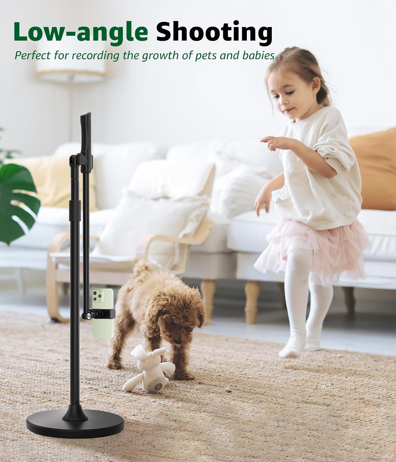 Phone Floor Stand, Overhead Phone Mount with Extendable Horizontal Arm & Remote, 360° Rotatable Extension Arm, Adjustable Tripod Stand for iPhone Video Recording, Photography, Live Streaming