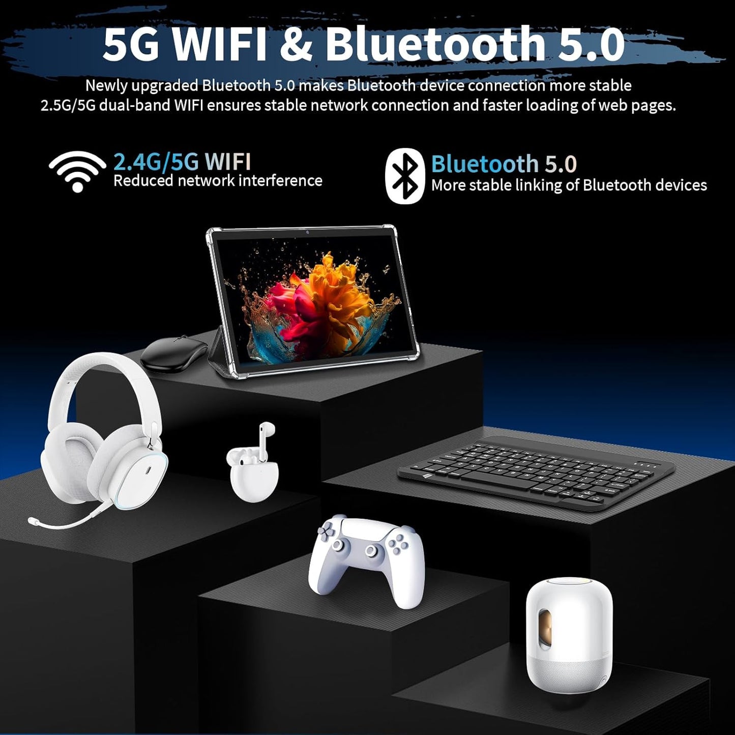 Android 15 Tablet, 26GB + 256GB (2TB Expandable), 10.1-inch Tablet with Keyboard, 8000 mAh Battery, BT 5.0, 5G WiFi, Widevine L1, 2-in-1 Tab with Mouse, Protective Case,Stylus (Black)