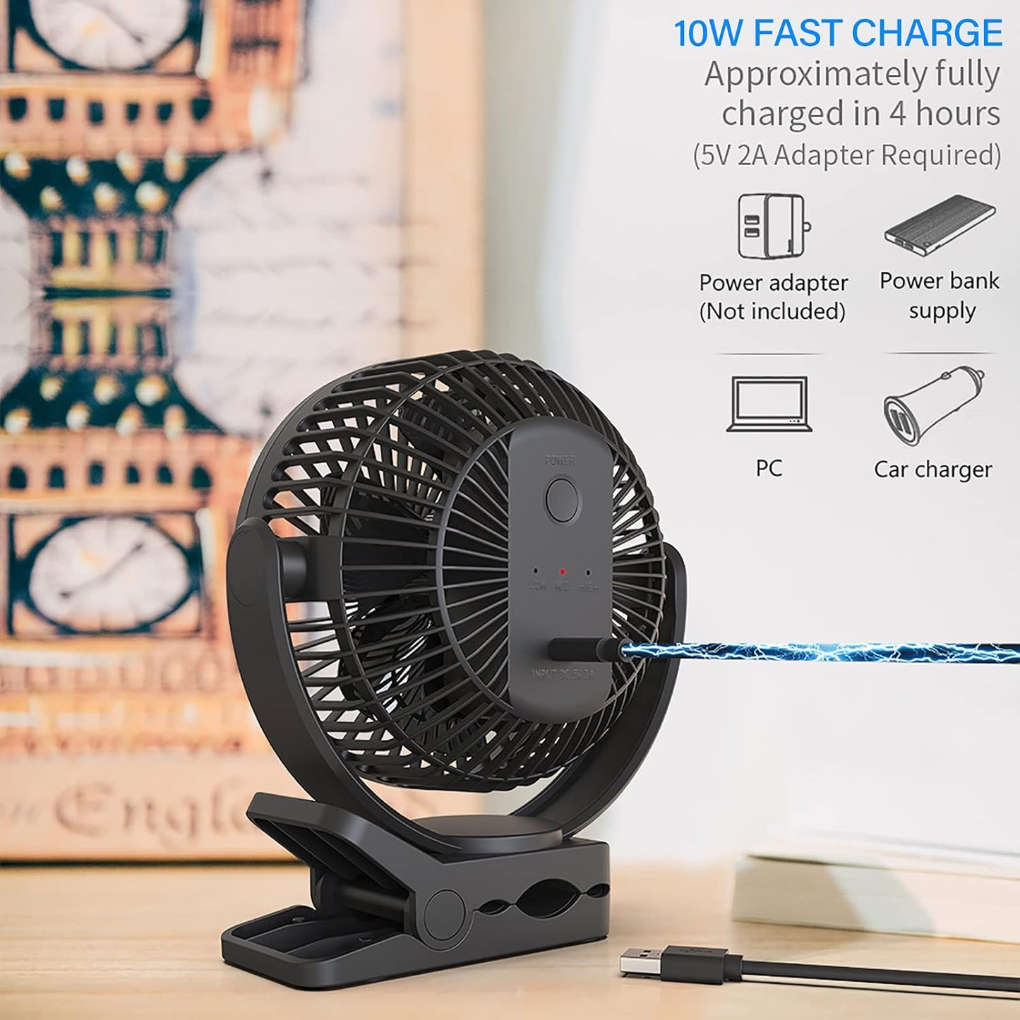 Portable Magnetic USB Clip on Fan - 6 Inch 5000mAh Rechargeable, 3 Speed, 720° Adjustable, Personal Desk Fan for Bedroom, Camping, Golf Cart, Office