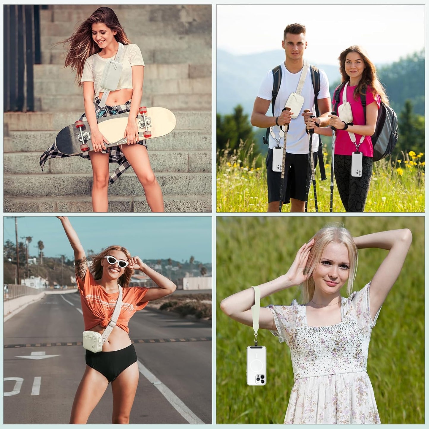 Clip and Go Strap for Phone with Wallet Crossbody, Adjustable Phone Lanyard with Detachable RFID Wristlet Wallet, Pattern Strap - Cream (L)