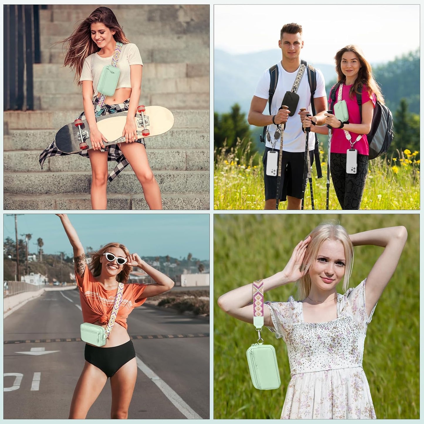 Clip and Go Strap for Phone with Wallet Crossbody, Adjustable Phone Lanyard with Detachable RFID Wristlet Wallet, Pattern Strap - Green (L)