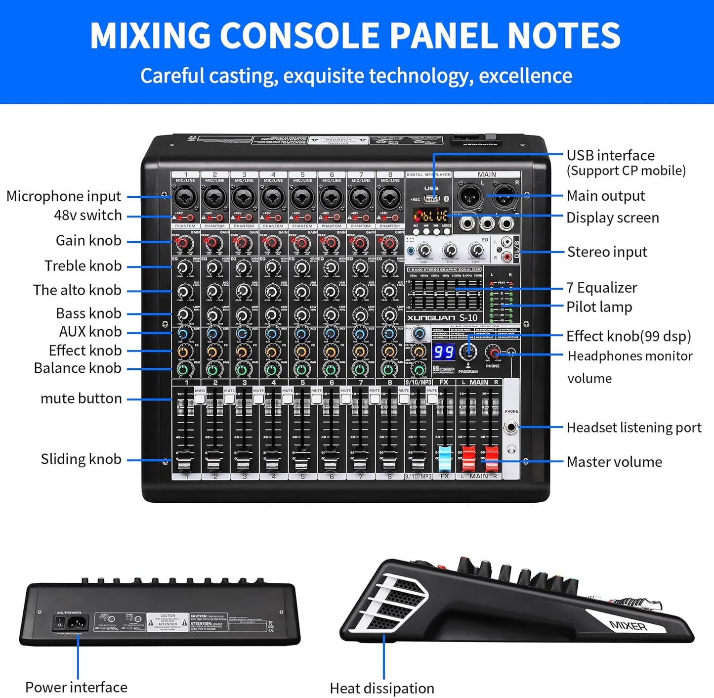 S-10 Audio Mixer 10 channel 8 channel Professional DJ Mixing Console with Reverb MP3 Player Bluetooth 48V Phantom Power Supply USB Recording for Studio Karaoke Live Music