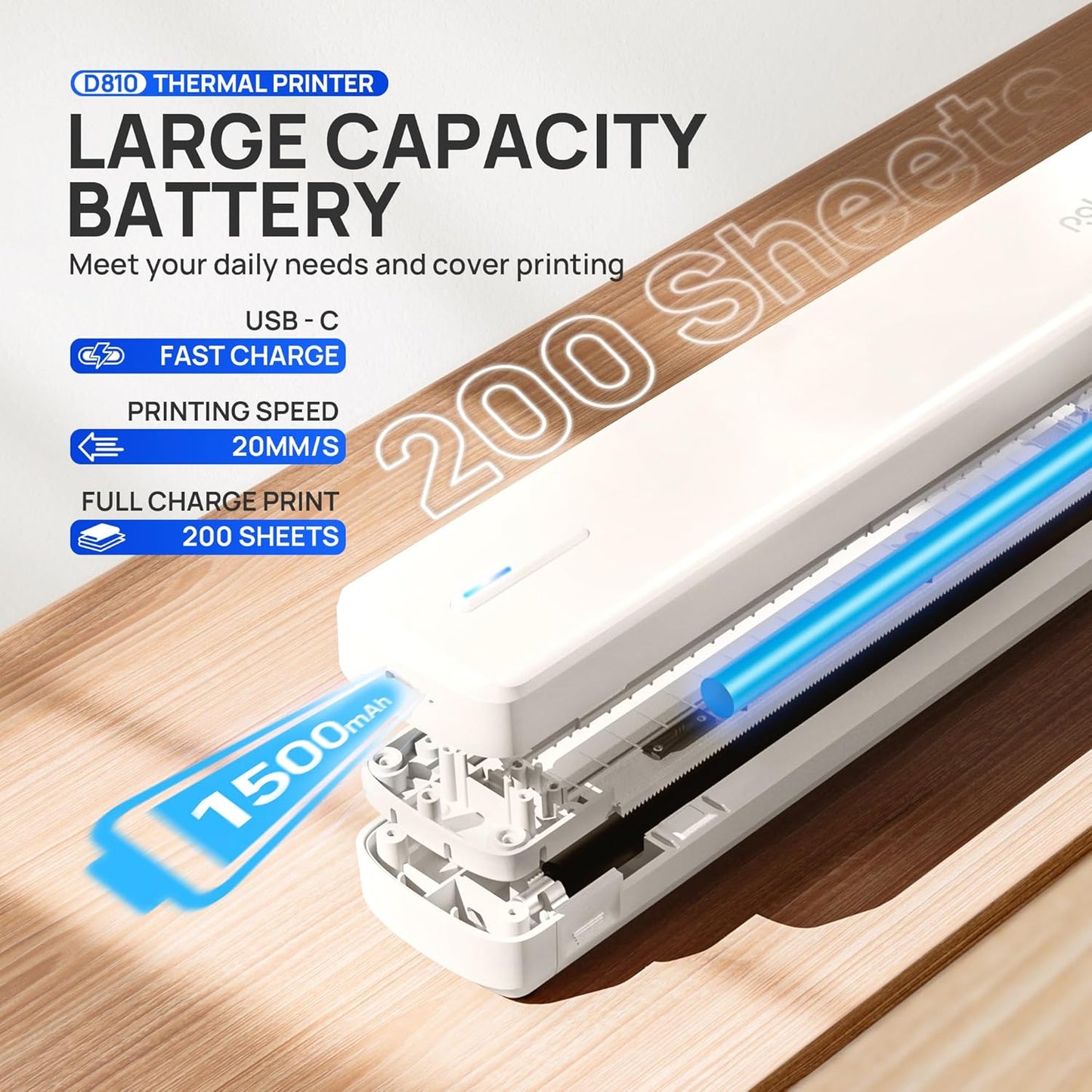 POLONO Portable Printer Wireless for Travel, D810 Bluetooth Thermal Printer Support for 8.5"x11" US Letter, Beige