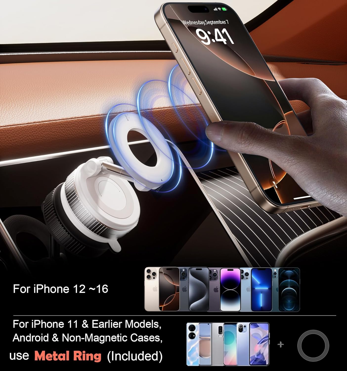 Strong Magnetic Car Phone Holder for MagSafe Ultra Vacuum Suction Cup Phone Mount 360° Cell Phone Holders for Your Car Accessories for iPhone 16 15 14 13 12 Android