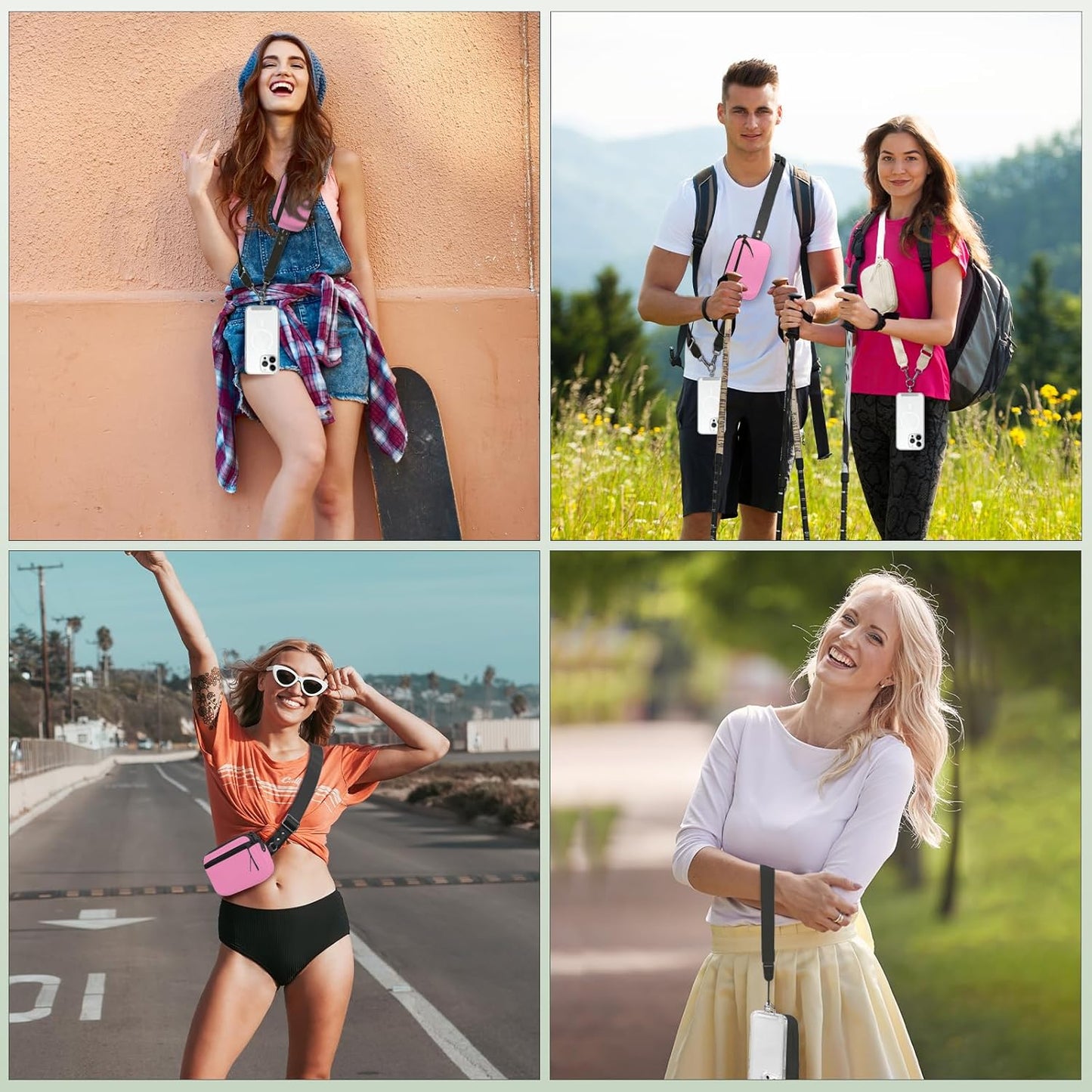 Clip and Go Strap for Phone with Wallet Crossbody, Adjustable Phone Lanyard with Detachable RFID Wristlet Wallet & Ultra-Thin 360° Rotatable Metal Tabs for All Smartphones (Pink)