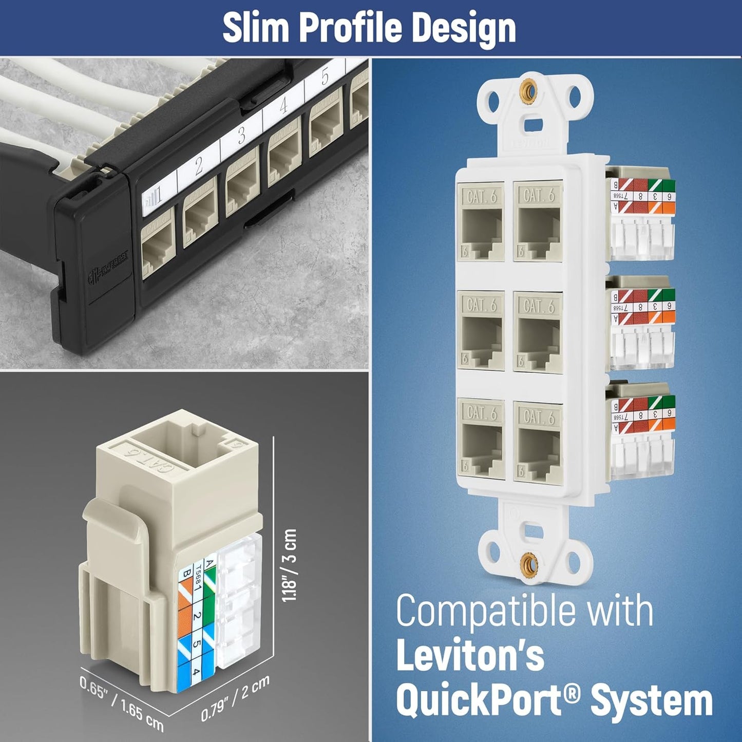 Everest 90° Angled RJ45 Cat6 Keystone Jacks 50-Pack in Light Almond | Slim Profile Female RJ45 Connectors | Cat 6 Keystone Jack | Compatible with 90° Angled Speed Termination Tool - easyJACK
