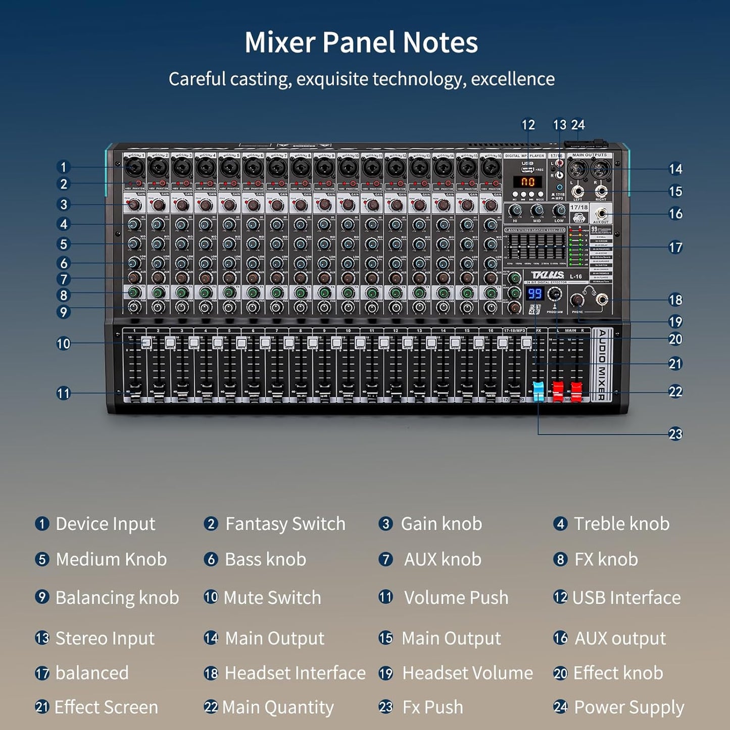 Audio Mixer, TKLBLS Professional 16 Channel DJ Mixer Board with 99-Bit DSP, Sound Board Mixing Console 7-Band EQ Output, USB Audio Interface, Bluetooth 48V Phantom Power For Karaoke Studio Streaming