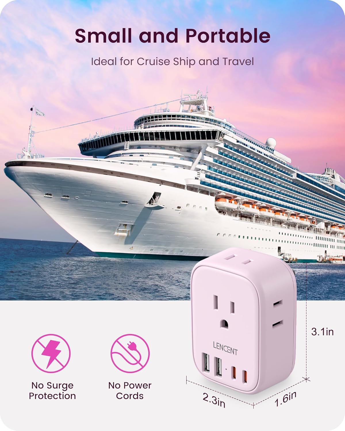 LENCENT Multi Plug Outlet Extender with USB C, 4 AC Electrical Outlet Expander with 4 USB Charger Cube, Small Multiple Wall Tap Plug Splitter for Home Office Travel Cruise Dorm Essentials- Pink