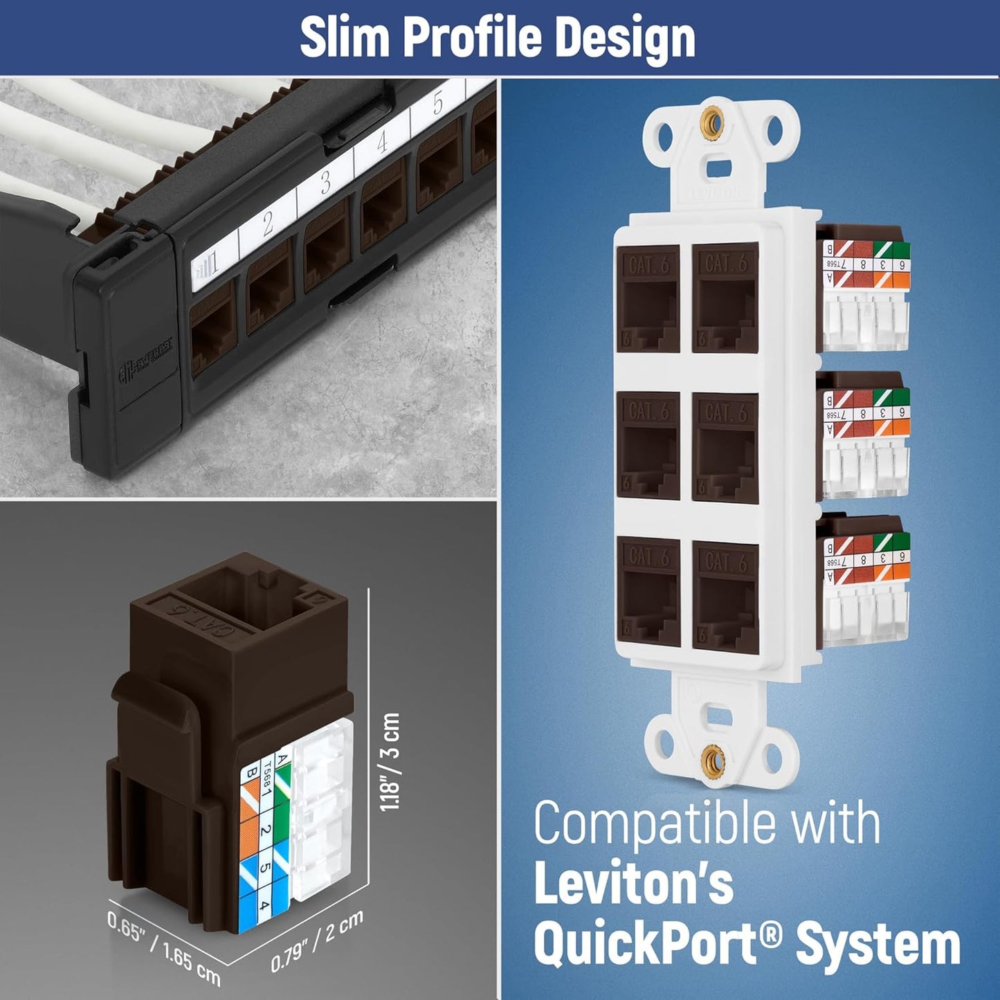 Everest 90° Angled RJ45 Cat6 Keystone Jacks 20-Pack in Brown - Slim Profile Female RJ45 Connectors - Cat 6 Keystone Jack - Compatible with 90° Angled Speed Termination Tool - easyJACK (B094WB91H3)