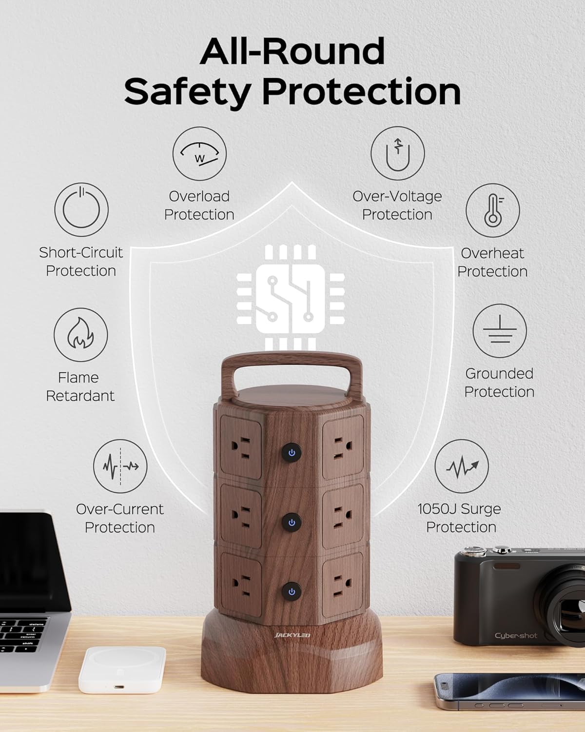 JACKYLED Power Strip Tower Surge Protector with 6.5ft Extension Cord 6 USB Ports and 12 AC Outlets Electric Charging Station for Home Office Dorm Desktop Computer Walnut and Black