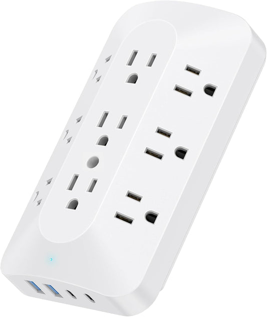 Wall Outlet Extender, 9 Outlet Splitter with 4 USB Ports (2 USB C), Multi Plug Wall Outlet Expander, 3-Sided Wall Charger Power Strip for Home, Office, Dorm, White