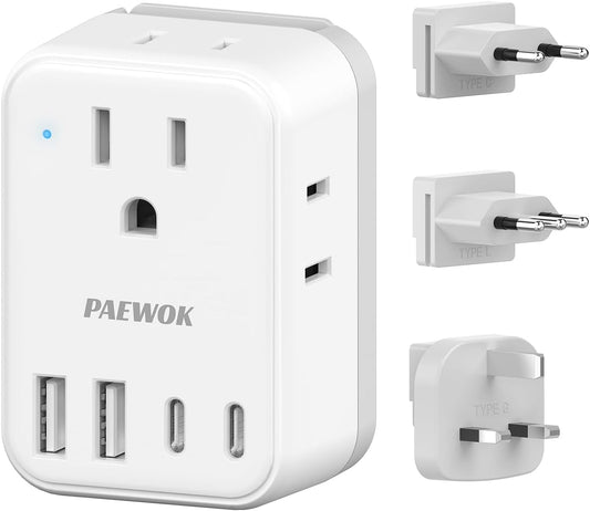 European Travel Plug Adapter USB C, US to EU/UK Plug Adapter- 4AC Outlets 4 USB Charger, International Power Adaptor kit Include Type G/C/L for American to England Italy France Germany Greece