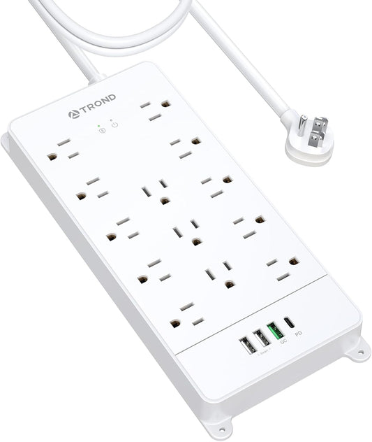 TROND Surge Protector Power Strip 10 ft, Flat Plug Long Extension Cord, 13 Wide Spaced Outlets, 4000 Joules, 32W Quick Charge 3.0 & USB C, Wall Mount, Under Desk, Heavy Duty, ETL Listed, White