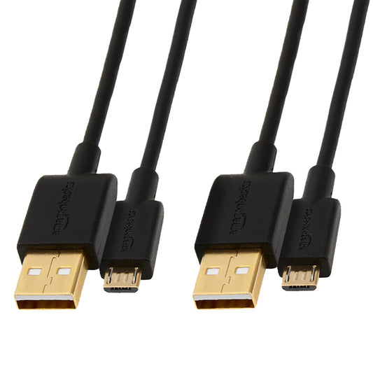 Amazon Basics 2-Pack USB-A to Micro USB Charging Cable, 480Mbps Transfer Speed with Gold-Plated Plugs, USB 2.0, 6 Foot, Black