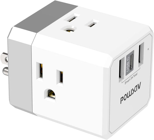 Cruise Ship Essentials, 3-Side Outlet Splitter with 3 USB Ports(1 USB C) USB Wall Charger, Outlet Extender for Home, Office and Cruise, ETL Listed, White