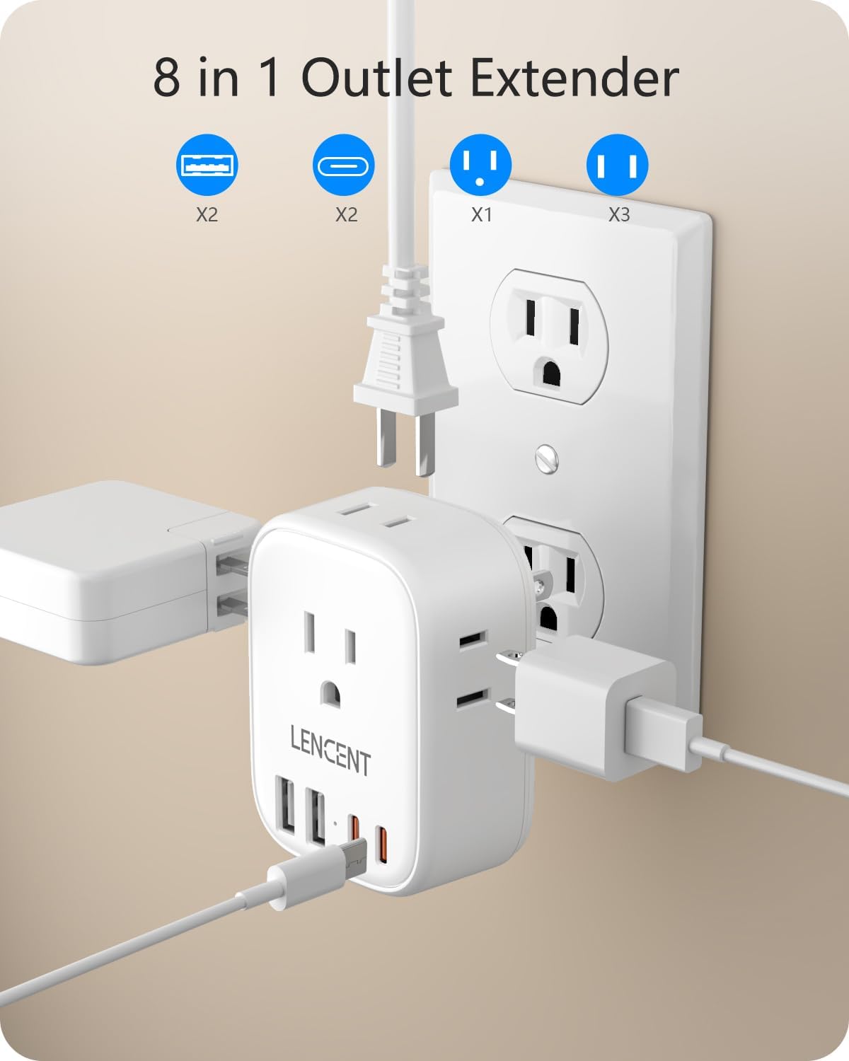 LENCENT Multi Plug Outlet Extender with USB, 4 AC Electrical Outlet Expander with 4 USB Charger Cube(2 Type C), Small Multiple Wall Tap Plug Splitter for Home Office Travel Cruise Dorm Essentials