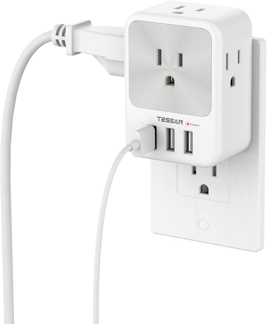 Multi Plug Outlet Splitter with USB, TESSAN 4 Electrical Outlet Extender Surge Protector with 3 USB Wall Charger Blocks, Multiple Plug Expander Box for Home Office Dorm Room Essentials