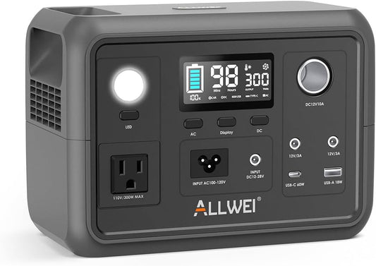 Portable Power Station 300W (Peak 600W), ALLWEI 256Wh Solar Generator with 60W USB-C PD Output, 110V Pure Sine Wave AC Outlet Backup LiFePO4 Battery for Outdoors Camping Travel Home Blackout