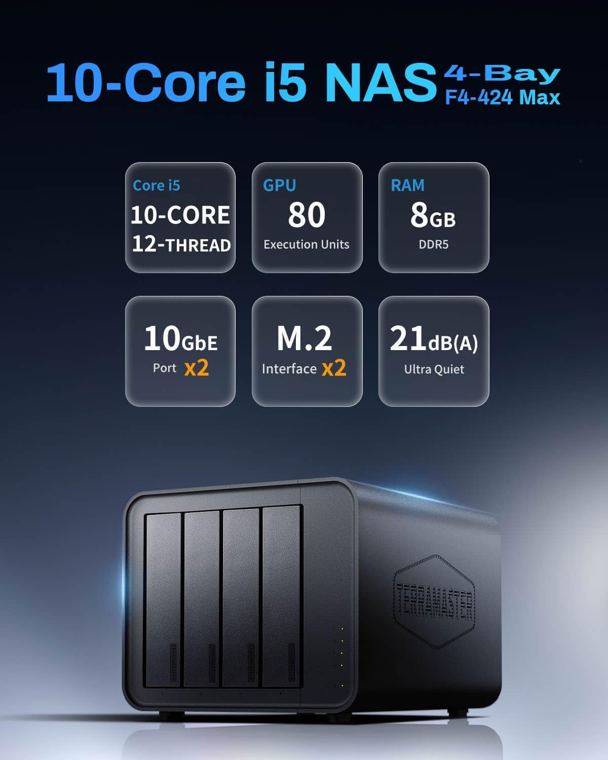 TERRAMASTER F4-424 Max NAS Storage - 4Bay Core i5 1235U 10-Cores 12-Threads, 8GB DDR5 RAM, Dual 10GbE Ports, Network Attached Storage Peak Performance for Business (Diskless)