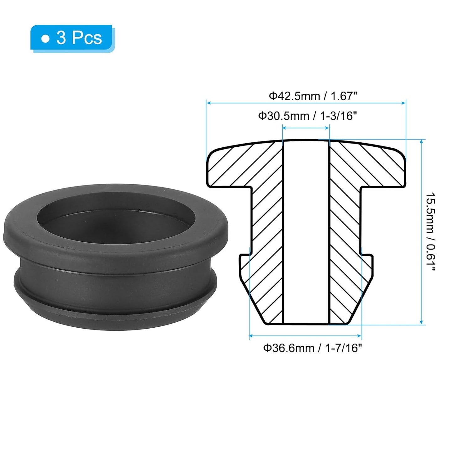 PATIKIL 36.6mm / 1-7/16 Inch Drill Hole,1-3/16 Inch ID Rubber Grommets, 3Pcs Top Hat Grommet for Wiring Eyelet Ring Gasket Automotive Firewall Cable Hole Plugs Wires Protection, Black