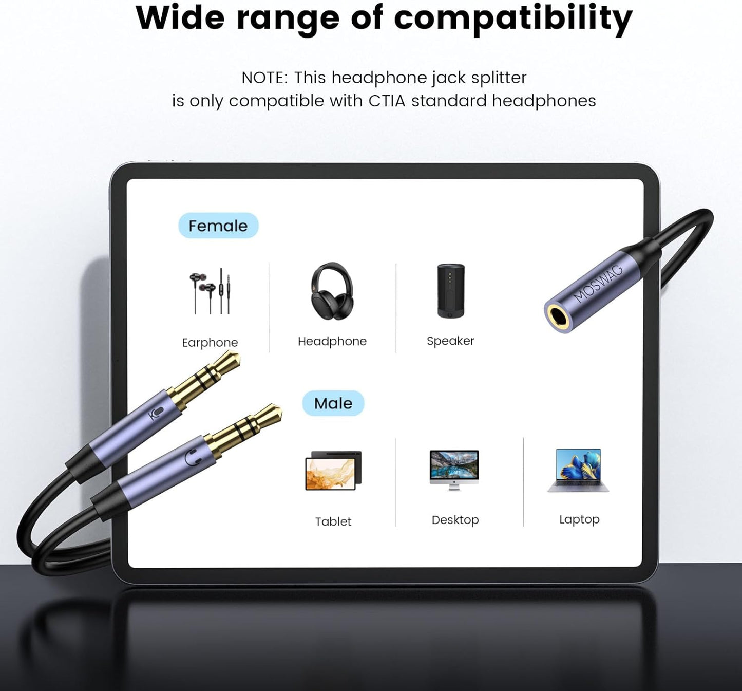 MOSWAG Headphone Splitter for Computer, 3.5mm Female to Dual 3.5mm Male Cable for PC Gaming, Headphone Mic Splitter for PC 24K Gold-Plated with Noise Cancellation for Laptop/Speakers/Mic【11inch/28cm】