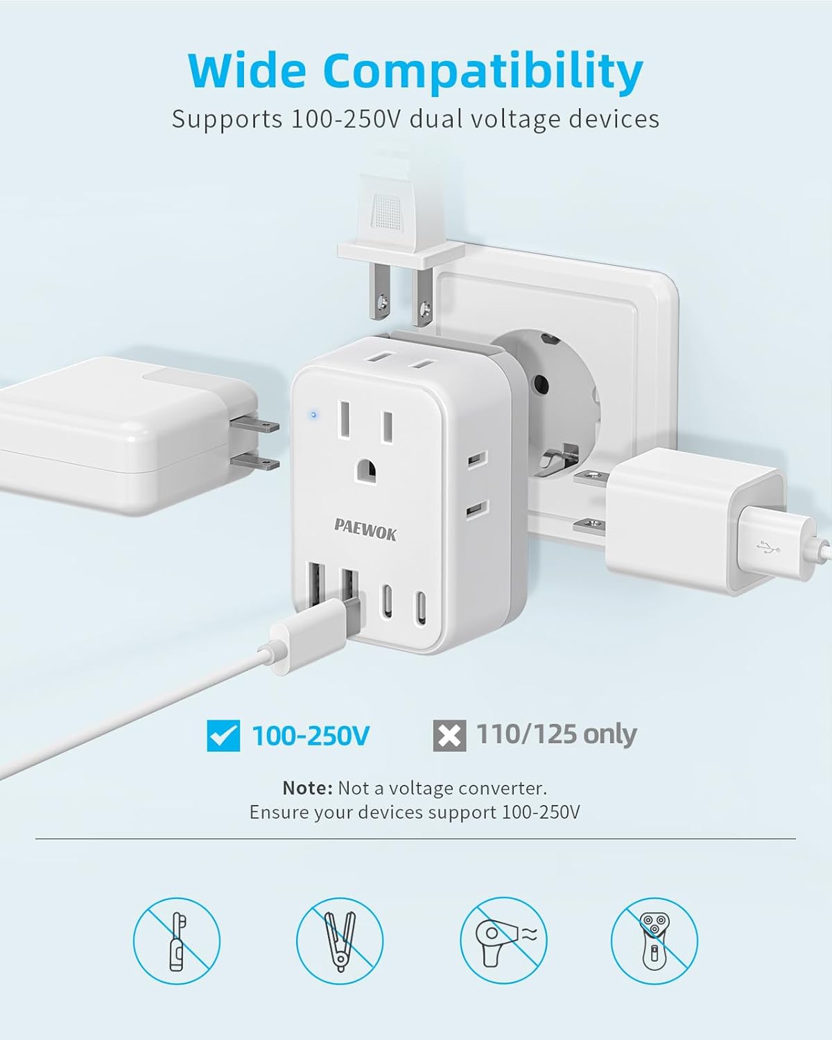 European Travel Plug Adapter USB C, US to EU/UK Plug Adapter- 4AC Outlets 4 USB Charger, International Power Adaptor kit Include Type G/C/L for American to England Italy France Germany Greece