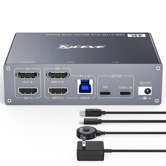 USB C HDMI KVM Switch for 1 Desktop+1 Laptop, Dual Monitor KVM Switch 4K@60Hz Support PD with USB C Cable, Wired Controller and Power Adapter