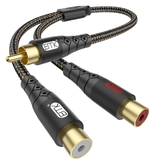 RCA Splitter Cable 1 Male to 2 Female Y Adapter with Copper Shell & 24K Gold-Plated Connector RCA Male to Dual RCA Female Extension Cord Black/1ft/0.3m