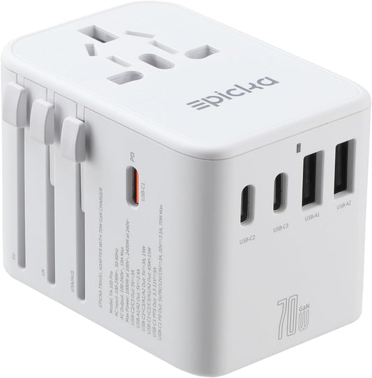 EPICKA Universal Travel Adapter, GaN International Plug Adapter with 3 USB-C 70W PD Fast Charging & 2 USB-A Adaptor All-in-one Wall Charger for USA EU UK AUS (TA-105 Pro, White)