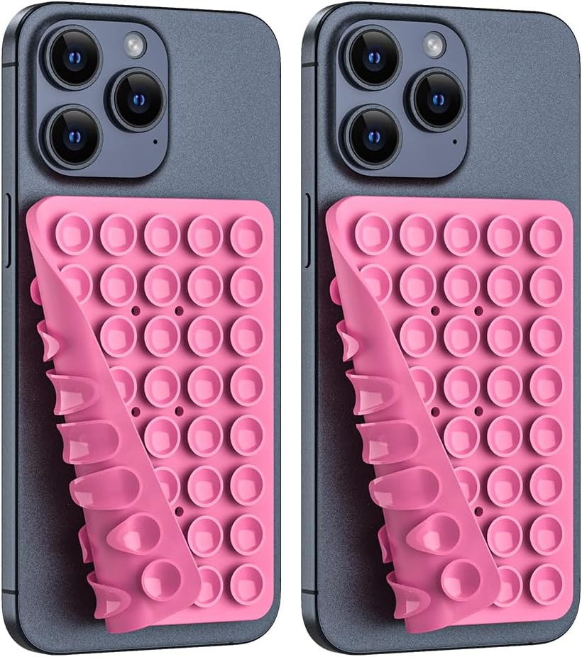 2PACK Silicone Double Sided Suction Phone Case Mount, Detachable Hands Free & Strong Grip Holder for Selfies & Videos, Compatible iPhone Android (2Pack Pink, 40 Suction Cups)