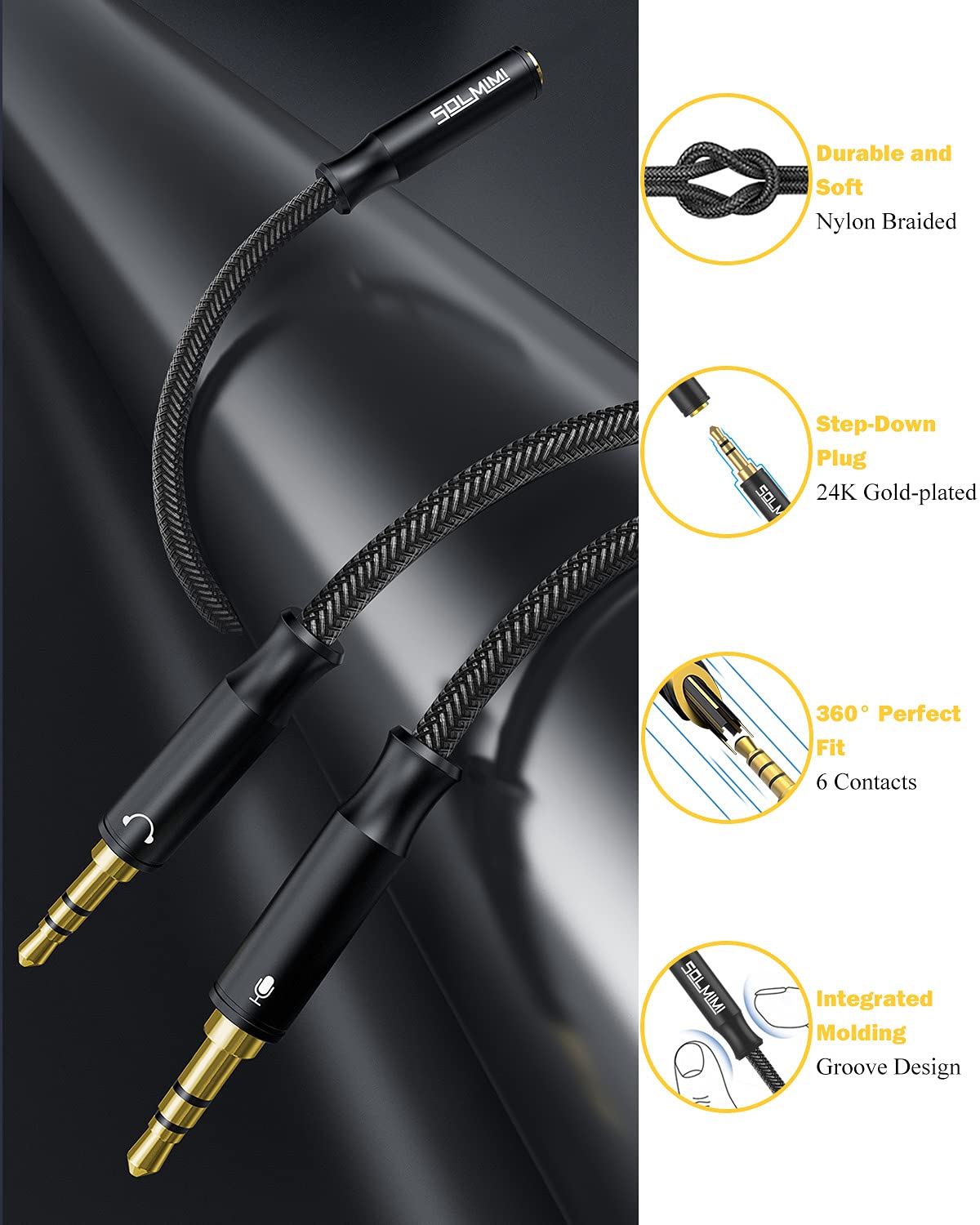 3.5mm Headset Splitter for PC 2 Pack, Crystal-Nylon Braid Female to Dual 3.5mm TRS Male Headphone Mic Splitter Audio Y Cable, CTIA Gaming Headset to PC Adapter - Matte Black 0.3M…