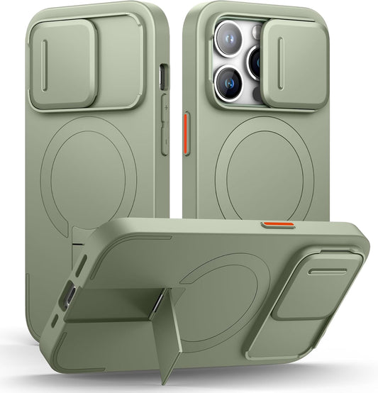 SURITCH for iPhone 14 Pro Case with Magnetic Camera Slide Cover and Adjustable Kickstand, Compatible with MagSafe, Shockproof Bumper Case Slim Protective Cover for iPhone 14 Pro 6.1 Inch, Green