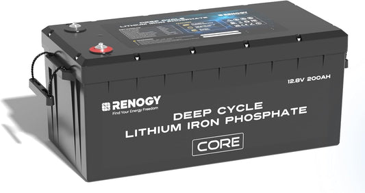 Renogy 12V 200Ah Lithium LiFePO4 Deep Cycle Battery, 5000+Deep Cycles, 200A BMS,Backup Power for Trolling motor, Cabin,Marine, Off-Grid Home Energy Storage-Core Series