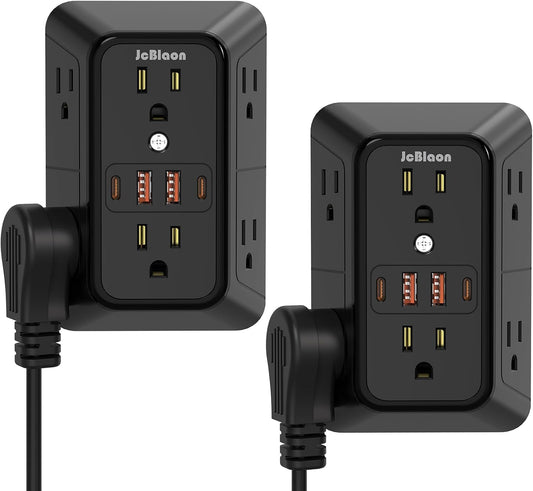 Surge Protector Outlet Extender, 6 Outlet Extender with 4 USB Charging Ports (2 USB C), 3 Sided Multi Plug Wall Adapter for Home, Office, Travel-2 Pack,Black