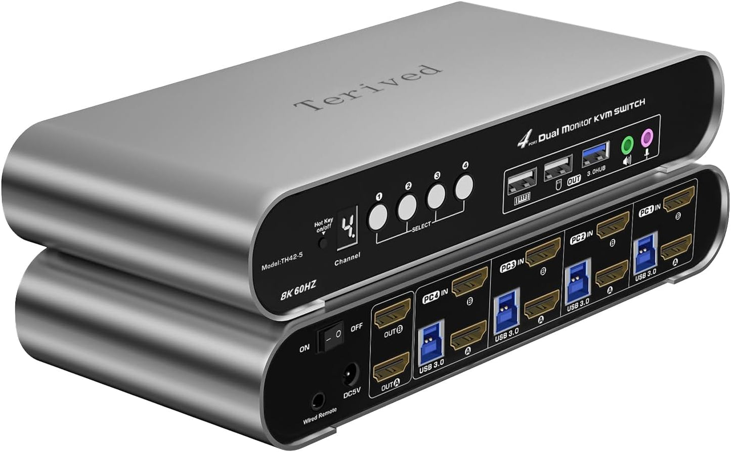 4 Computers 2 HDMI Monitor Automatic KVM Switch 8K@60Hz, Hotkey Switching, EDID, with Audio and Microphone, Aluminum Shell with Digital Display, USB 3.0 Hub, HDR10 with Cables