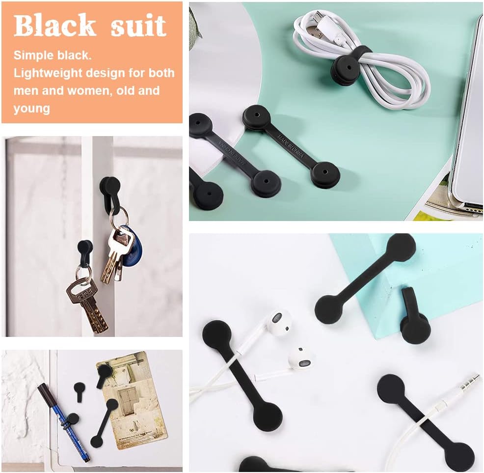 Viaky 6 Pcs Black Magnetic Cable Clips Organizer Earbuds Cords Winder Bookmark Whiteboard Noticeboard Fridge Straps USB Manager Keeper Wrap Ties for Kitchen, Home, Office and School