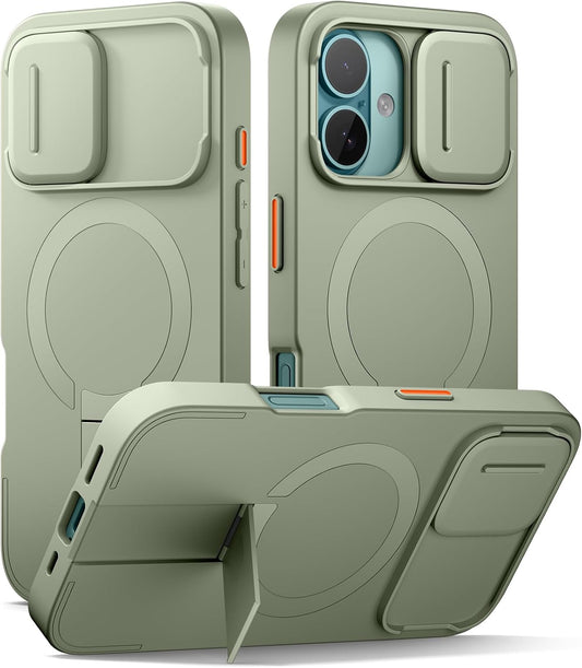 SURITCH for iPhone 16 Case with Magnetic Camera Slide Cover and Adjustable Kickstand, Compatible with MagSafe, Shockproof Bumper Case Slim Protective Cover 6.1 Inch, Green