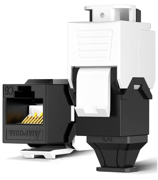 AMPCOM CAT6 RJ45 Keystone Jack - Reusable UTP Ethernet Wall Jack with Adjustable Ratchet Lock Design, No Tool and Zip Tie Required - 50u Gold Plated - Black (2-Pack)