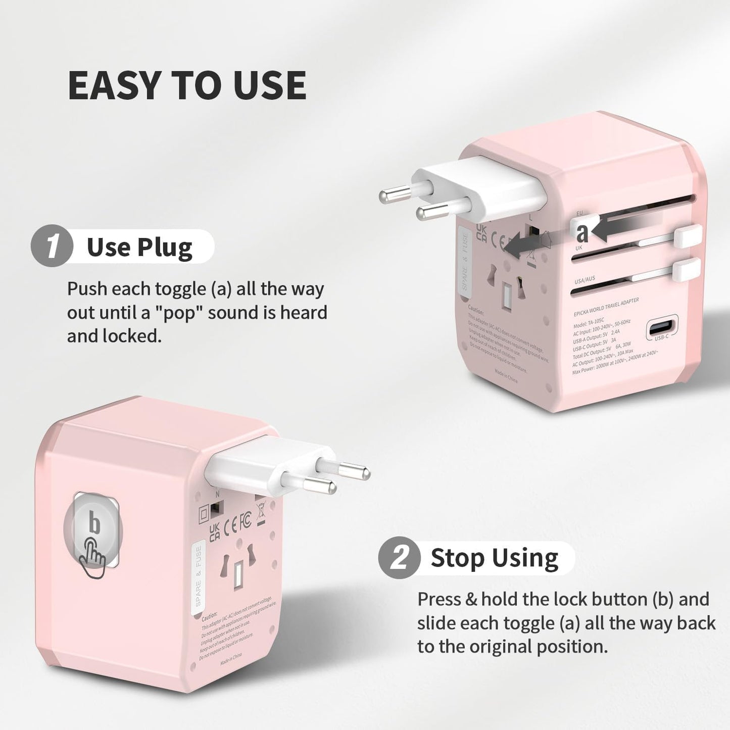 EPICKA Universal Travel Adapter, International Power Plug Adapter with 3 USB-C and 2 USB-A Ports, All-in-One Worldwide Wall Charger for USA EU UK AUS (TA-105C, Pink)