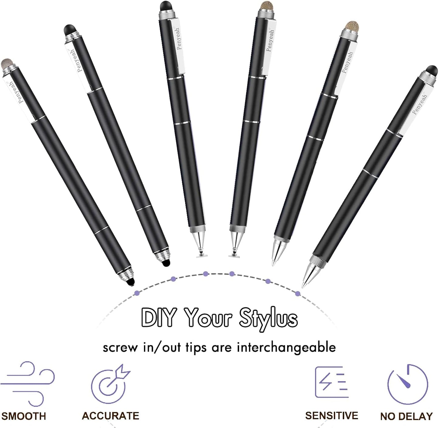 Penyeah Stylus Pen, 4 in 1 Disc Stylus Pens for Touch Screens, High Precision and Sensitivity Universal Capacitive Stylus, Stylist for Tablets,iPhone,iPad,Laptops with 4 Replacement Tips - Black