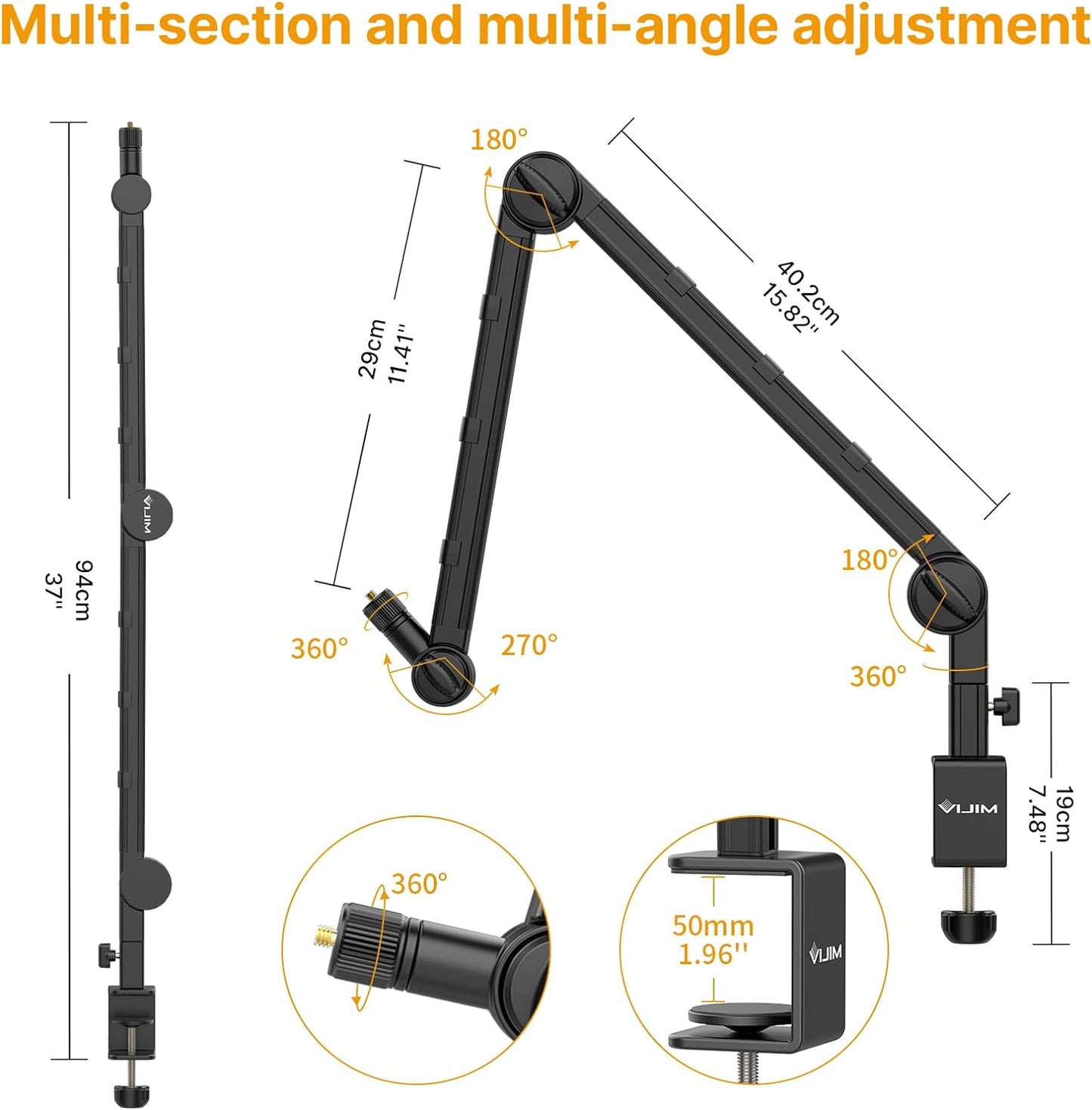 PICTRON VIJIM LS25 Camera Desk Mount, Flexible Overhead Webcam Stand with Boom Arm, Table C-Clamp Suitable for Photography Videography Live Stream