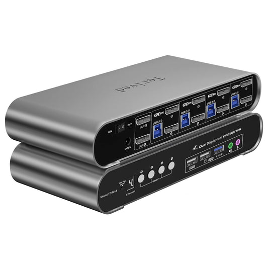 4 Computers 2 DP Monitors Automatic KVM Switch, 8K@30Hz 4K@144Hz 4 Port DP USB 3.0 Dual Monitor, Aluminum hotkey Audio Microphone, Digital Display, HDR10 with Cables