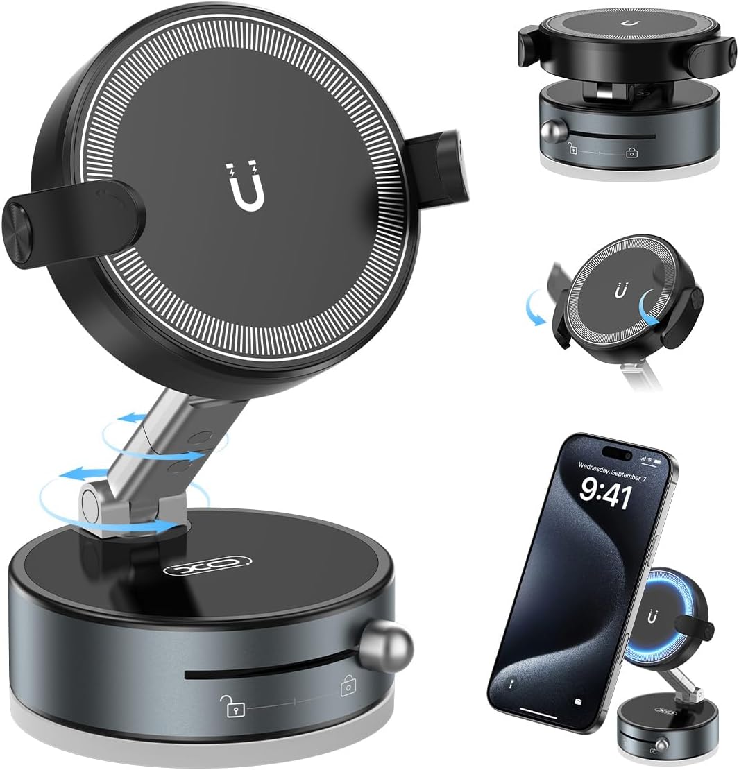 2-in-1 Clip & Vacuum Magnetic Suction Phone Holder,Upgraded 360° Adjustable Suction Cup Car Phone Mount,Hands-Free Cell Phone Holder for Car/Gym/Smooth Surface,Compatible with iPhone & Android Phones