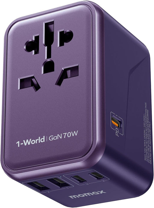 MOMAX Universal Travel Adapter, 70W GaN Travel Plug Adapter with UK,EU,AU,US Plugs, 3USB-C PD & 2USB-A QC International Adapter Charger, International Adapter for Laptops Phones Vision Pro, Purple