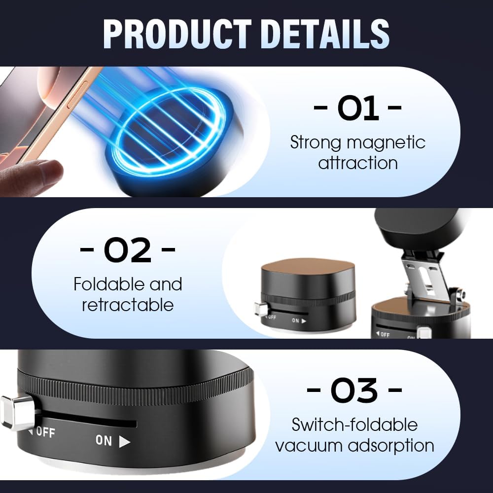 360° Adjustable Vacuum Magnetic Phone Holder, Foldable Magnetic Car Phone Holder for Your Car, Hands-Free Suction Cup Phone Mount for Car/Gym/Mirror/Smooth Surface for iPhone & Android (Black)