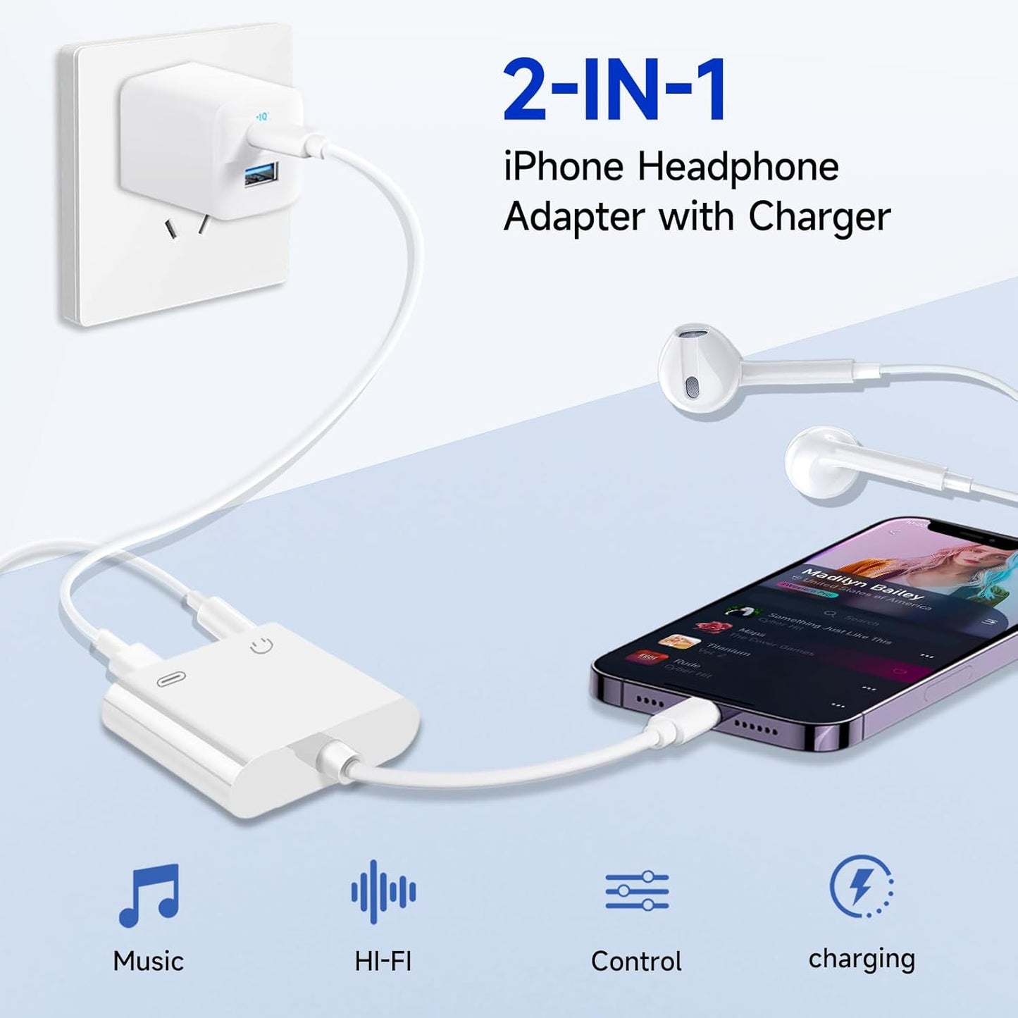 [Apple MFi Certified] 2-in-1 Charging & Audio Adapter for iPhone, Lightning to 3.5mm Headphone Jack Dongle Splitter, Supports Hi-Res Lossless Sound, Compatible with iPhone 14/13/12/11/XS/XR/8/7 2Pack