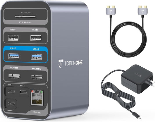 TobenONE Docking Station Dual Monitor with 100W GaN III Charger, USB C Docking Station Dual 4K HDMI for MacBook Pro/Air, Type C Dock with 2 HDMI, 7 USB, SD&Micro SD, Gigabit Ethernet, 87W PD, Audio