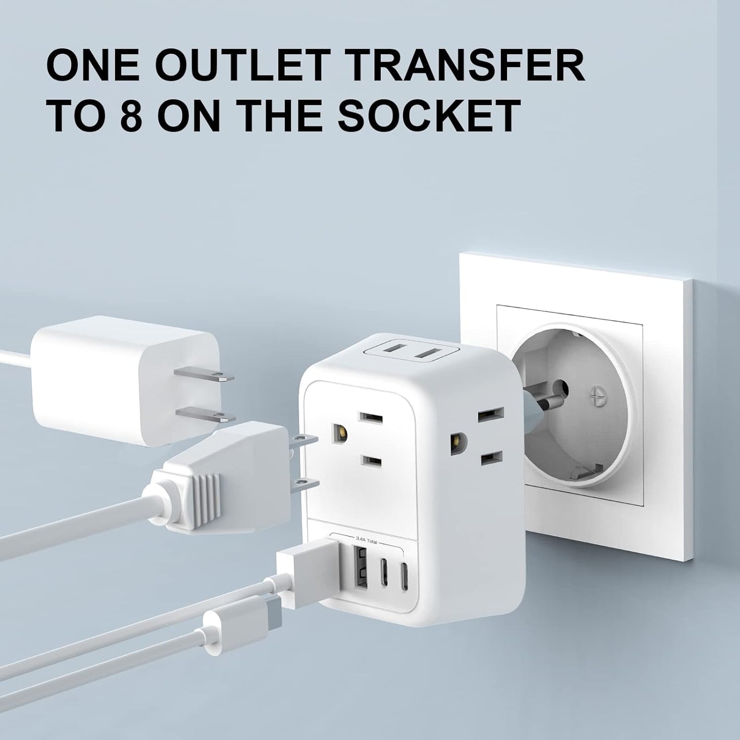 International Travel Adapter, Europe Travel Adapter with USB, Universal Travel Adapter (3 USB A & 1 Type-C) for The US to Most of Europe Iceland Spain Italy France Germany (Type E/F)